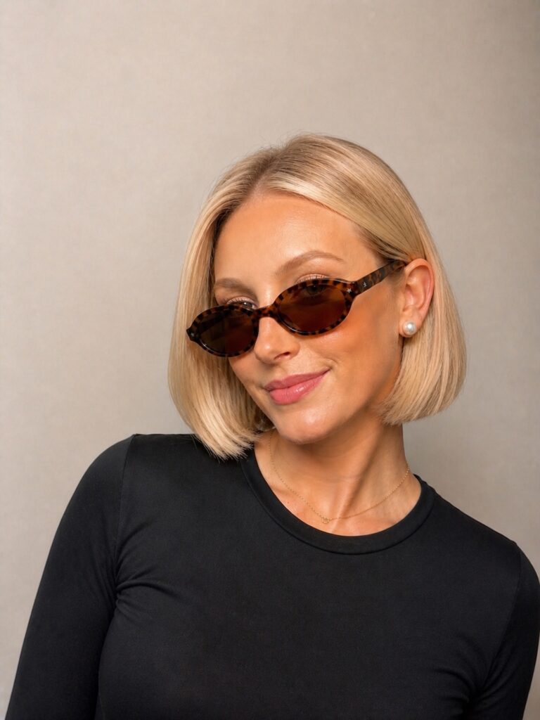 A side view of a woman showcasing a straight, jaw-length butter blonde angled bob haircut with a soft face-framing layer draped across her face.