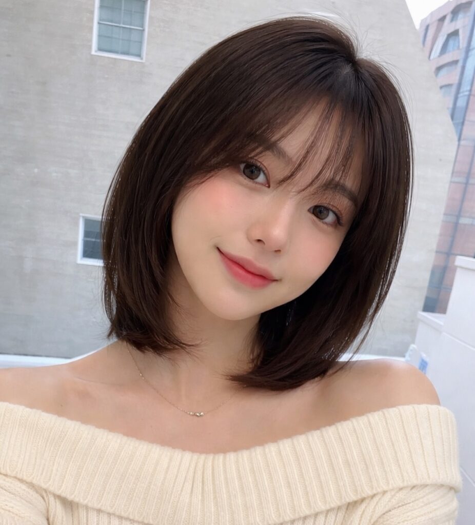Soft layered chin length bob with wispy bangs and smooth dark brown hair styled with subtle inward curves.