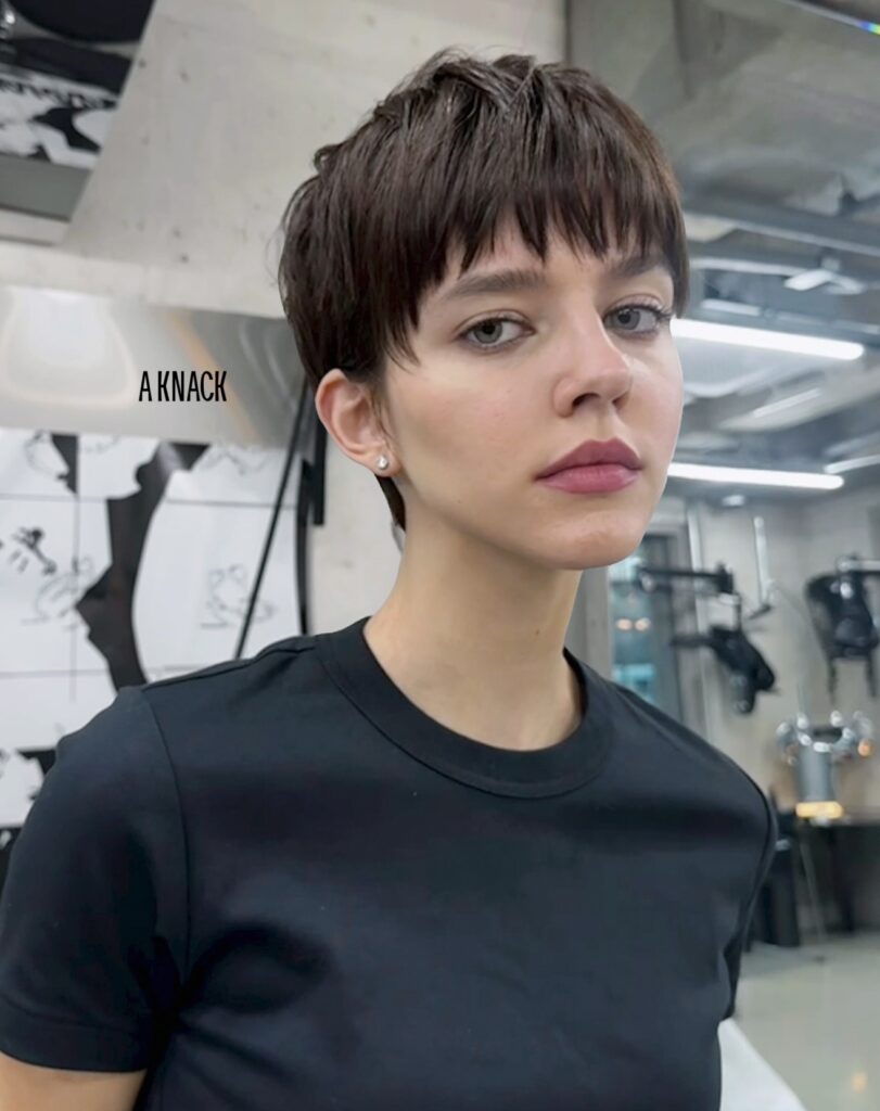 Short dark pixie haircut with textured layers and a soft cropped fringe.