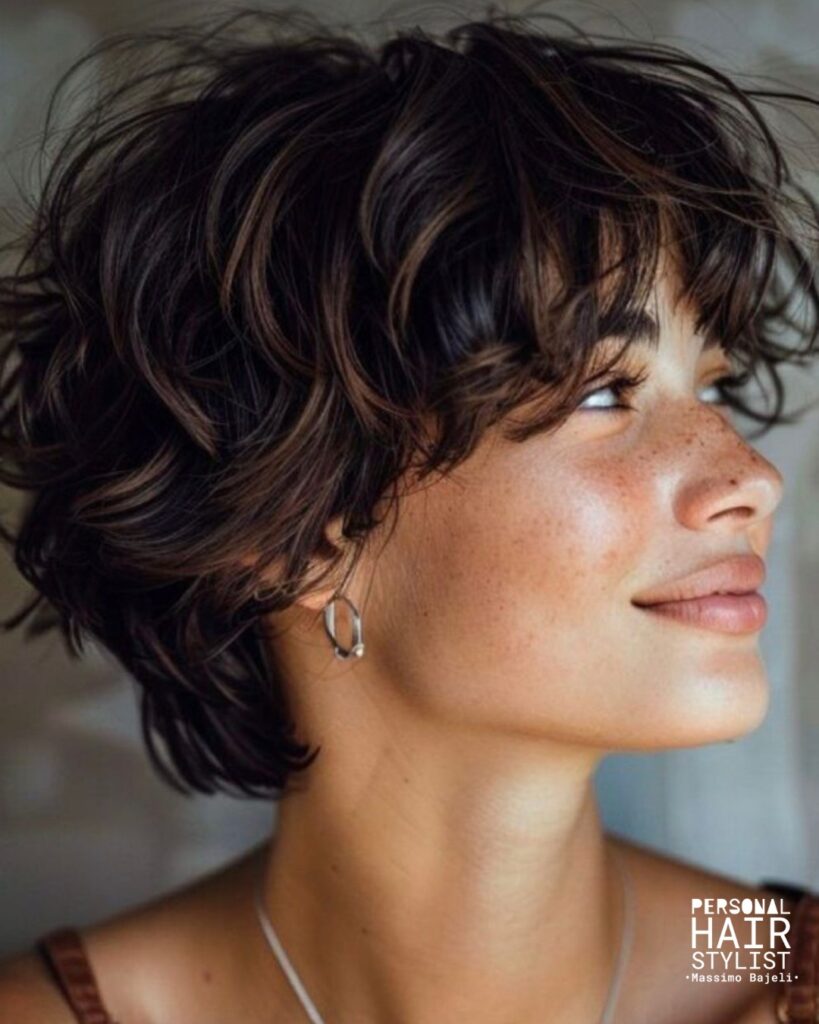 Dark wavy pixie haircut with tousled layers and soft movement around the crown and sides.