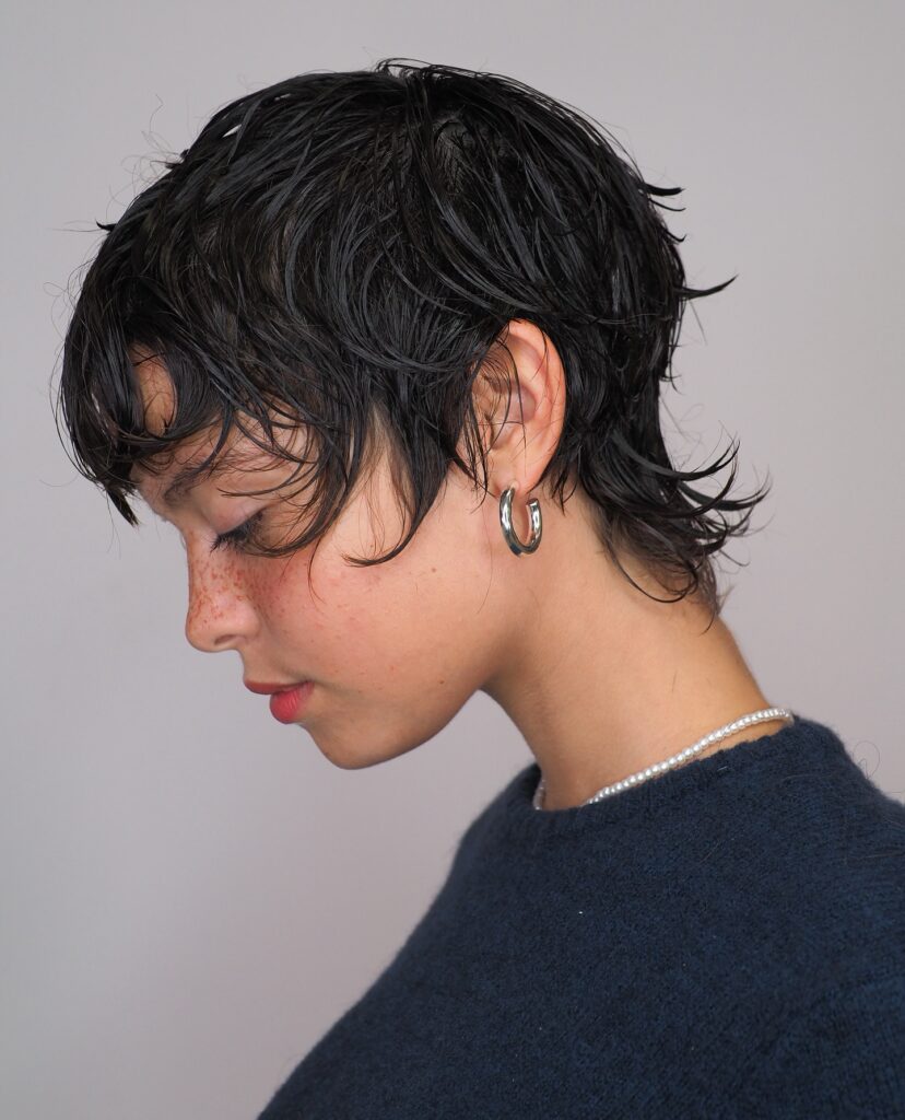 Dark wet look pixie shag with textured layers and wispy fringe pieces.