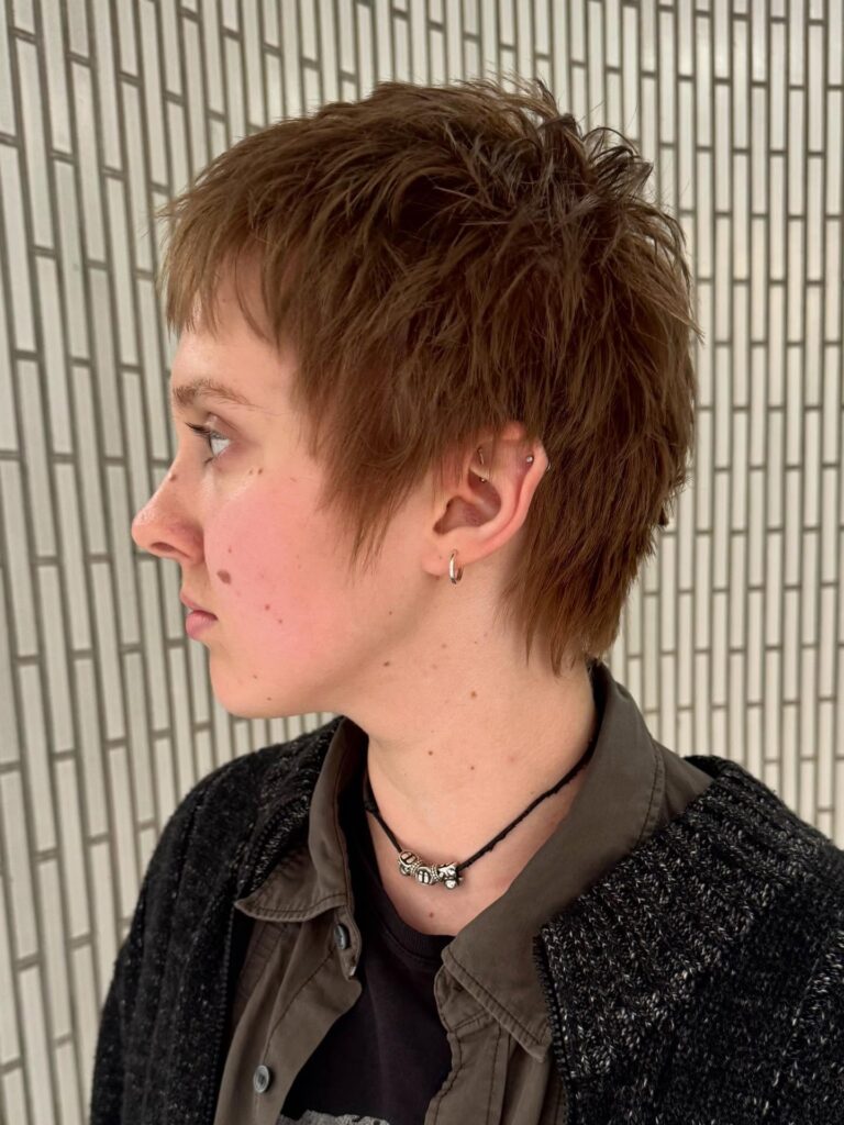 
Auburn pixie haircut with piecey textured layers and a softly feathered shape.
