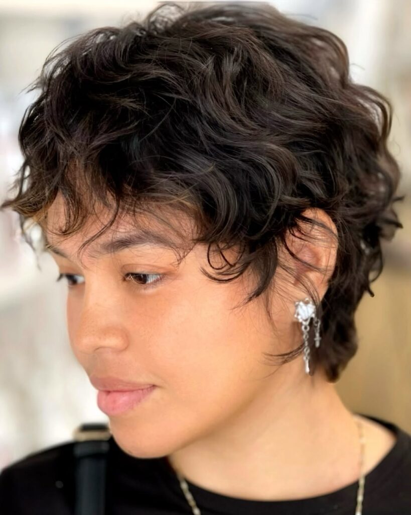 Tousled curly pixie hairstyle with wispy fringe and soft layered texture in dark brown hair.