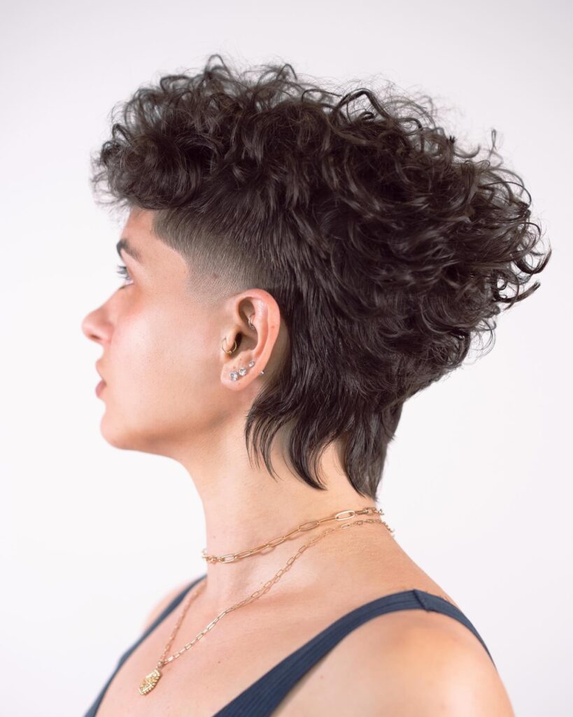 Dark curly faux hawk pixie with faded sides and defined curls on top.