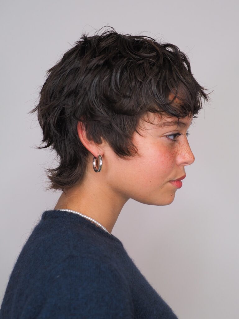 Short shaggy pixie haircut with textured layers, piecey bangs, and a soft brunette finish.