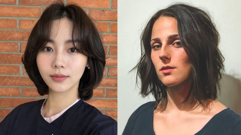 18 Lovely Layered Bob Hairstyles for Oval Faces With Smooth Shape Two women with layered bob hairstyles featuring soft texture, face framing layers, and smooth, shoulder-grazing shapes in dark brunette shades.