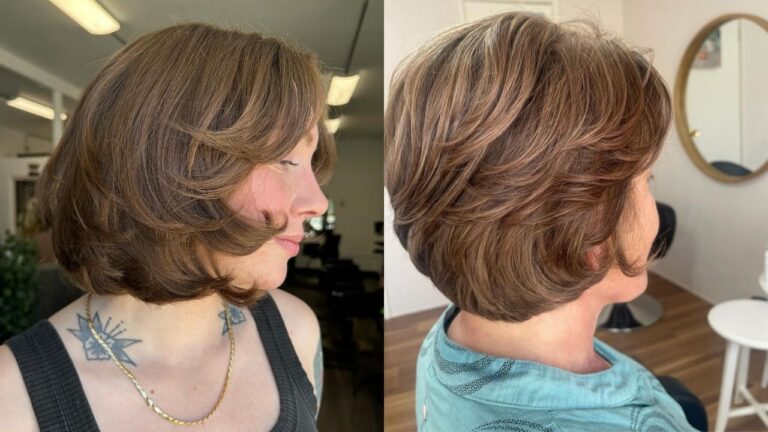 19 Rich Layered Bob Hairstyles in Brunette Tones With Dimension Two layered brunette bob hairstyles with feathered ends, soft volume, and warm dimensional highlights styled with rounded movement.