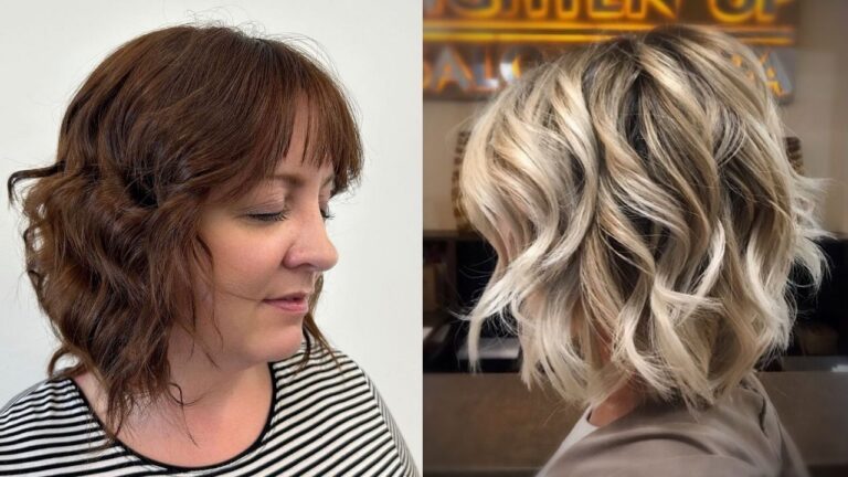 20 Bouncy Layered Bob Hairstyles for Wavy Hair With Effortless Flow Side by side wavy layered bob hairstyles featuring a soft brunette bob with wispy bangs and a bright blonde bob with tousled textured waves.