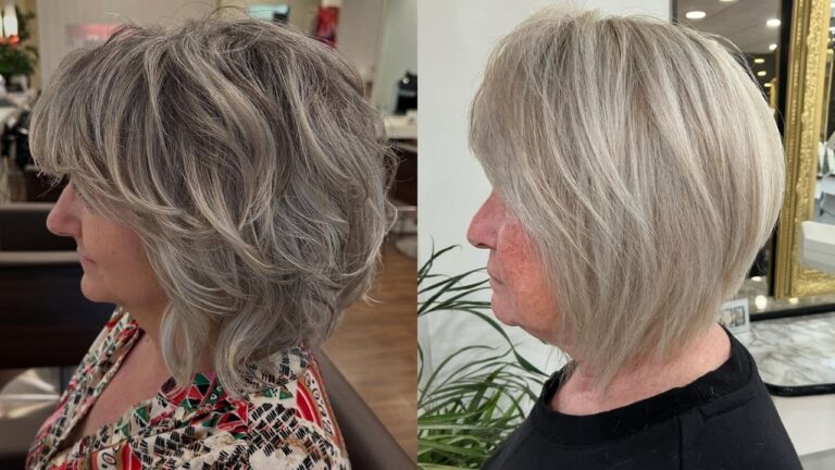 20 Cool Layered Bob Hairstyles in Ash Blonde for Clean Vibes Two ash blonde layered bob hairstyles featuring soft feathered layers, cool toned highlights, and smooth voluminous shaping around the face and neckline.