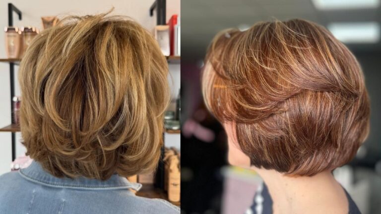 20 Defined Layered Bob Hairstyles With Volume Boost for Fuller Shape Two layered bob hairstyles with soft stacked volume and feathered layers, featuring warm blonde and rich auburn tones with a rounded shape through the back.