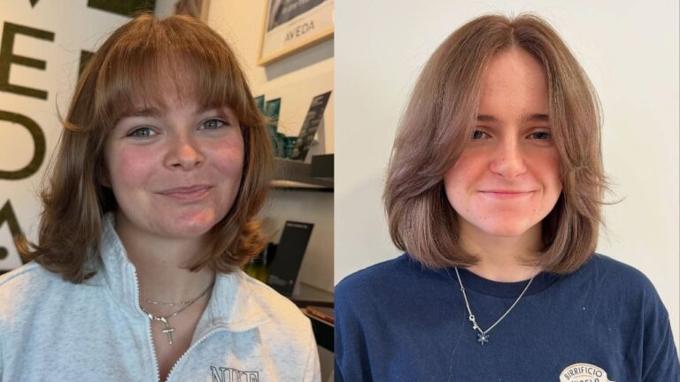 21 Sculpted Layered Bob Hairstyles for Square Faces With Soft Edges Two young women with softly layered medium bobs featuring wispy bangs, face-framing layers, and flipped ends that soften the jawline.