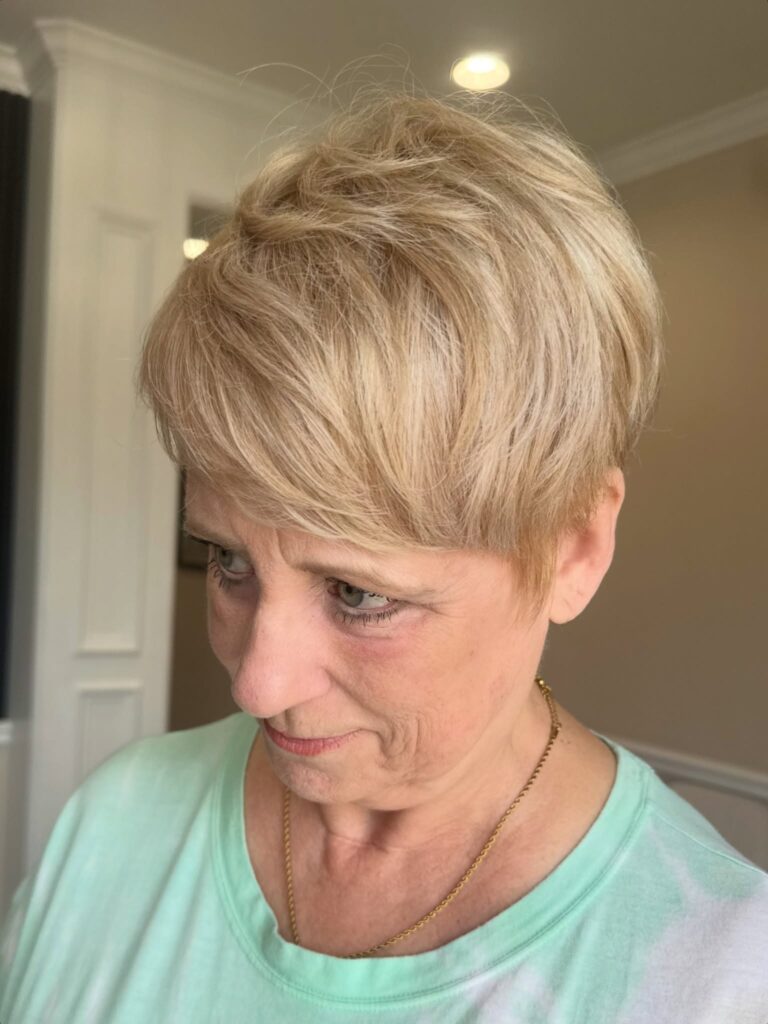 A woman with thick creamy blonde hair wears a short pixie cut with wispy forward-sweeping layers.