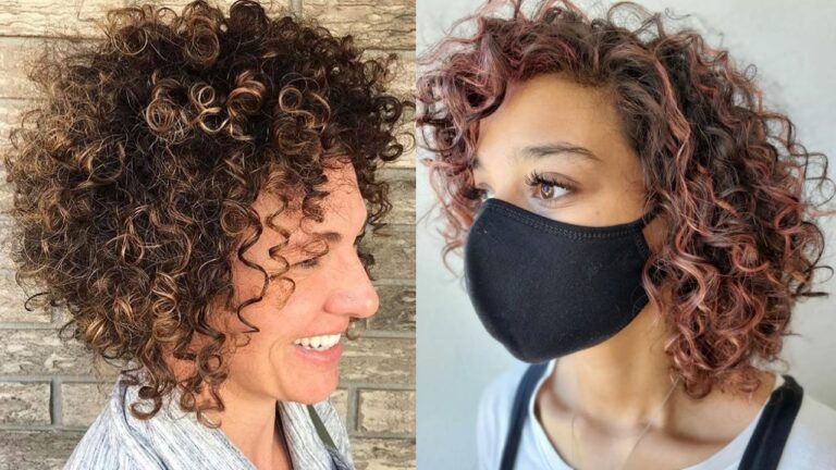 22 Relaxed Layered Bob Hairstyles for Natural Hair With Soft Coils Two layered curly bob hairstyles with defined soft coils, one with golden caramel highlights and one with muted pink highlights, both styled with rounded volume.