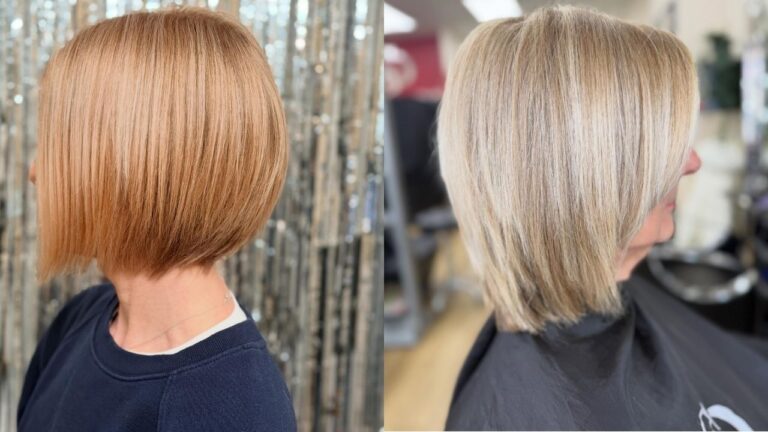 22 Sleek Layered Bob Hairstyles for Straight Hair With Smooth Lines Two sleek layered bob hairstyles with smooth straight lines, featuring one warm blonde angled bob and one icy blonde shoulder grazing bob with polished layers.