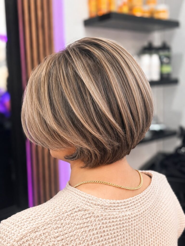 Rounded layered bob with blonde highlights and sleek tucked under ends.