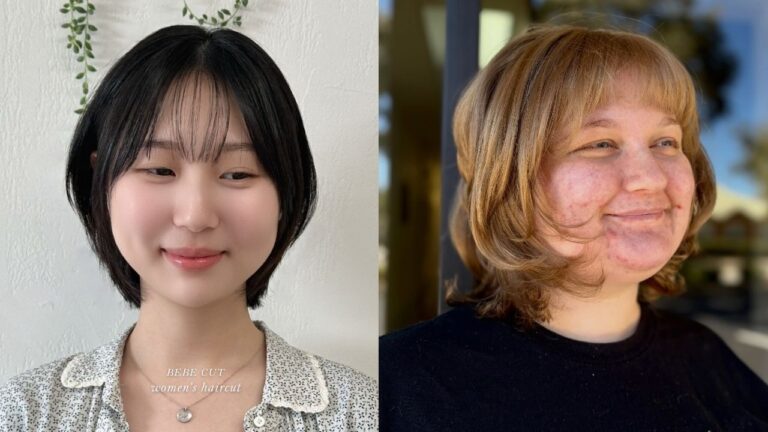 23 Fresh Layered Bob Hairstyles for Round Faces With Balancing Lines Two layered bob hairstyles for round faces featuring a sleek black bob with wispy bangs and a soft shaggy blonde bob with feathered layers and curtain bangs.