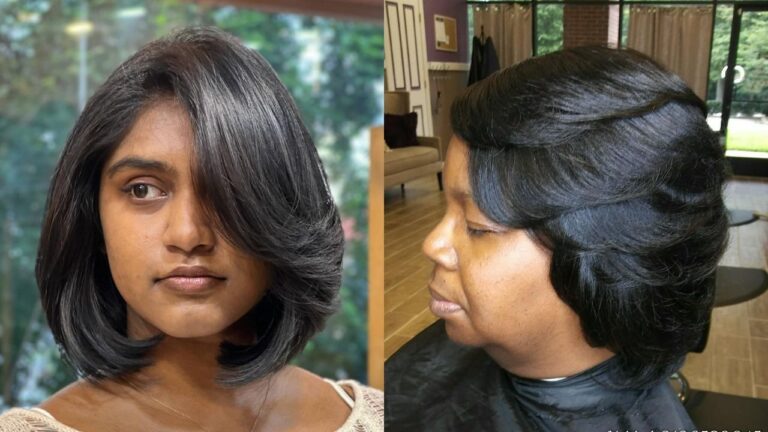 Two sleek layered bob hairstyles with smooth black hair, soft volume, and polished face-framing layers.