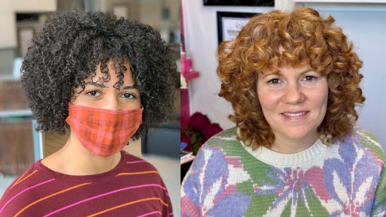 24 Spirited Layered Bob Hairstyles for Curly Hair With Rounded Shape Two women with rounded layered curly bob hairstyles, one with a voluminous natural black curl pattern and the other with a soft ginger curly bob and curly fringe.