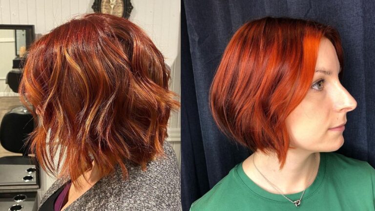 This side-by-side comparison displays two vibrant copper-red hairstyles: a textured, wavy lob with honey highlights on the left and a sleek, chin-length bob with a bright orange money-piece highlight on the right.