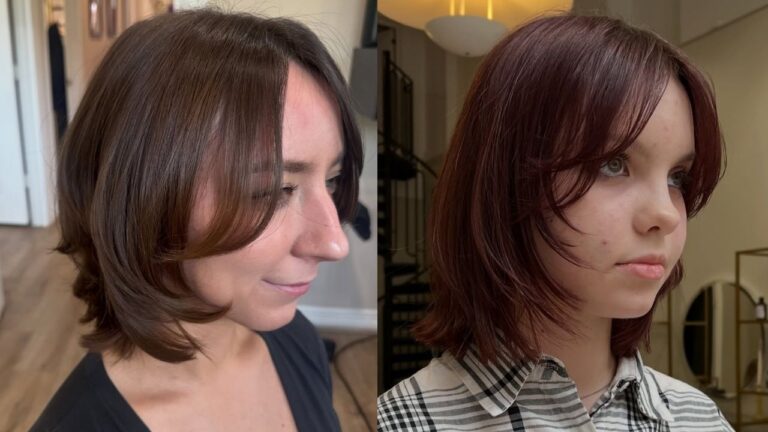 25 Pretty Layered Bob Hairstyles With Curtain Bangs for Face Framing Two layered bob hairstyles with curtain bangs featuring soft flipped ends and rich brunette to deep auburn tones for a face framing finish.