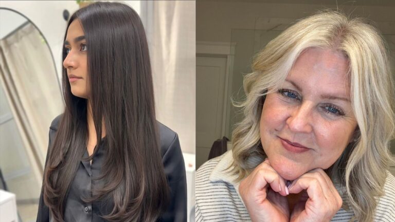 Side-by-side view of a sleek long layered brunette hairstyle and a soft shoulder-length blonde cut with loose waves on an older woman.
