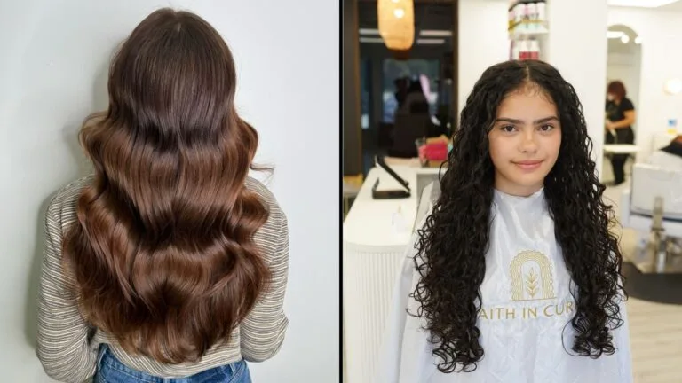Side-by-side view of two long hairstyles: glossy chestnut brown hair styled in soft flowing waves on the left and long dark natural curls with a center part on the right.