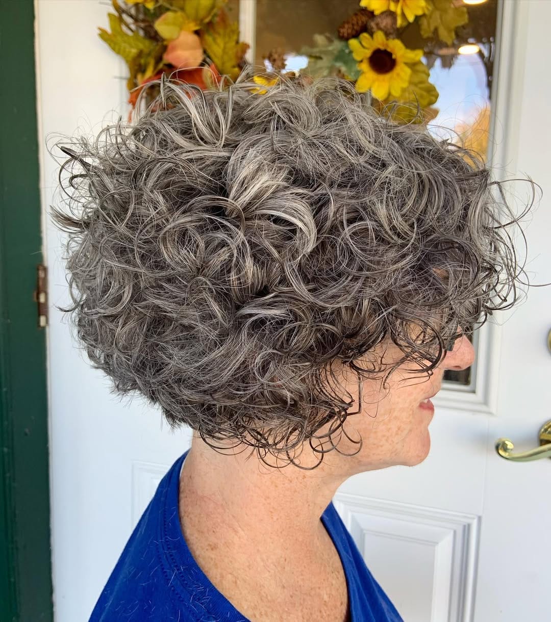 Short neck-length curly haircut with voluminous silver-gray coils and layered shaping that creates soft movement and natural texture.
