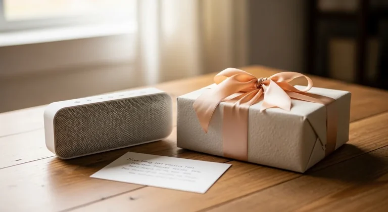 A stylish white gift box tied with a soft pink ribbon sits on a wooden table next to a modern Bluetooth speaker and a handwritten note.