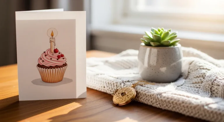 18 Emotional Birthday Gifts For Best Friend That Speak From The Heart A birthday card featuring a cupcake with a candle sits on a wooden table beside a small succulent in a speckled pot and a vintage pocket watch, all bathed in warm light.