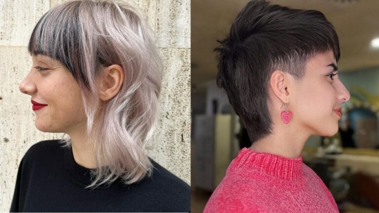 Two side-by-side profile views of modern mullet hairstyles, featuring a wavy, lavender-tinted cut with dark bangs on the left and a sharp, dark brunette pixie-mullet with a faded undercut on the right.