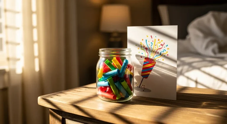 18 Quick DIY Birthday Gifts For Boyfriend When Time Is Tight A glass jar filled with colorful crayons sits on a wooden bedside table next to a festive birthday card, with soft sunlight filtering through curtains.