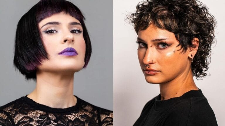 Two women showcasing bold edgy short haircuts, one with a sleek blunt bob and micro bangs in dark purple tones, and the other with a textured curly pixie mullet style.