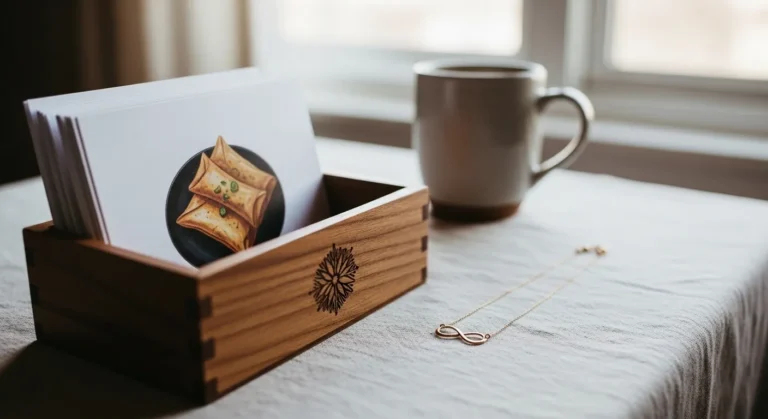 19 Fabulous 40th Birthday Gift Ideas For Women To Celebrate In Style A wooden box holds illustrated cards featuring pastries, beside a coffee mug and a delicate infinity necklace on a soft tablecloth, illuminated by natural light.