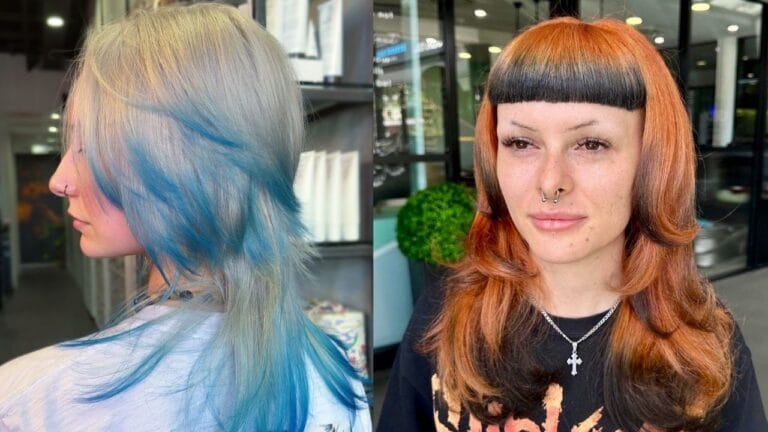 Two edgy medium-length hairstyles: one featuring a silver-to-blue layered "wolf cut" and the other a copper-toned shaggy cut with blunt black micro-bangs and face-framing curls.