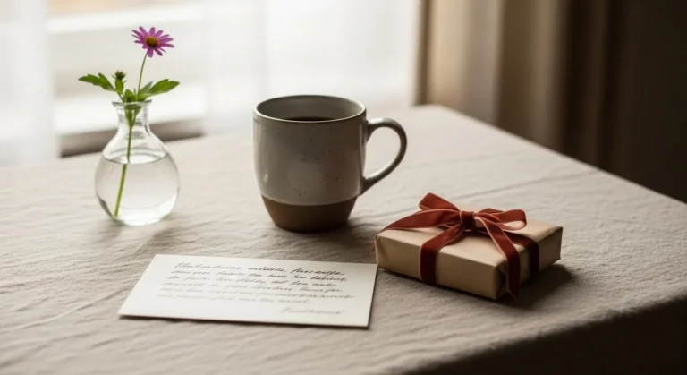 A cozy table setting featuring a wrapped gift with a red ribbon, a handwritten note, a ceramic mug, and a small vase with a pink flower.