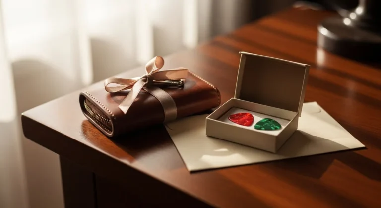 19 Small Birthday Gifts For Boyfriend That Make A Big Statement A brown leather wallet with a ribbon sits on a wooden table beside a small gift box containing red and green items, with a cream envelope underneath.