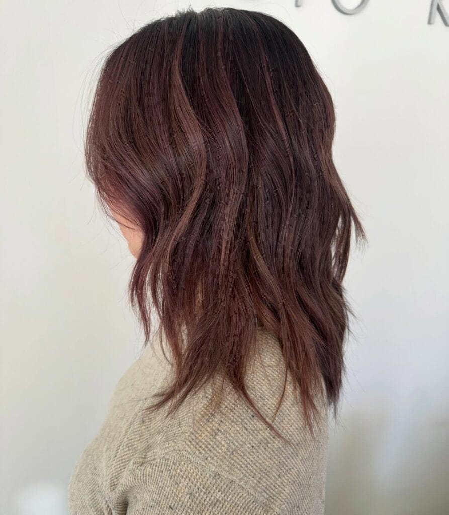 A woman with a shoulder-length dark merlot shag haircut featuring textured layers and subtle balayage.