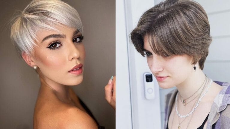 Two side-by-side examples of chic, short hairstyles: on the left, a textured platinum blonde pixie cut with swept-over bangs, and on the right, a layered brunette bixie cut with a soft, middle-parted fringe.