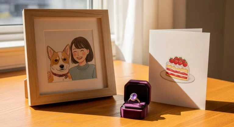 20 Cool Modern Gifts For Women With A Playful Twist A wooden-framed illustration of a girl with a corgi sits on a table beside a greeting card featuring a cake and a purple gemstone ring in a velvet box.