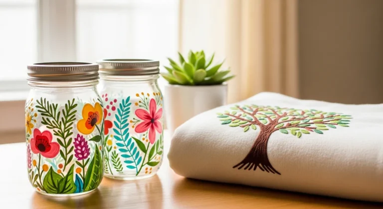 20 Easy DIY Birthday Gifts That Look Impressively Handmade Two beautifully painted mason jars filled with colorful floral designs sit on a wooden table beside a cozy embroidered cloth featuring a tree and a small potted succulent.