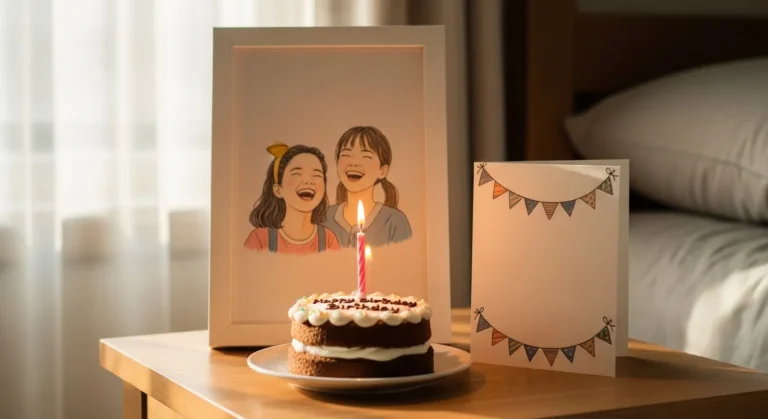 20 Epic Birthday Surprise Ideas For Best Friend They Will Never Expect A cozy birthday setup featuring a chocolate cake with a candle, a framed illustration of two girls, and a festive card on a wooden table.