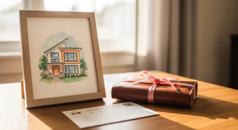 20 Inspiring 60th Birthday Gift Ideas For Women For A Graceful Celebration A wooden-framed watercolor illustration of a modern house sits on a table beside a wrapped gift with a pink ribbon and a handwritten note.