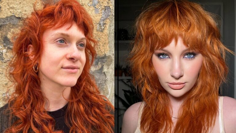 A side-by-side comparison displays two variations of a shaggy, copper-colored hairstyle with textured layers and face-framing fringe, ranging from long, curly waves to a voluminous, medium-length wolf cut.