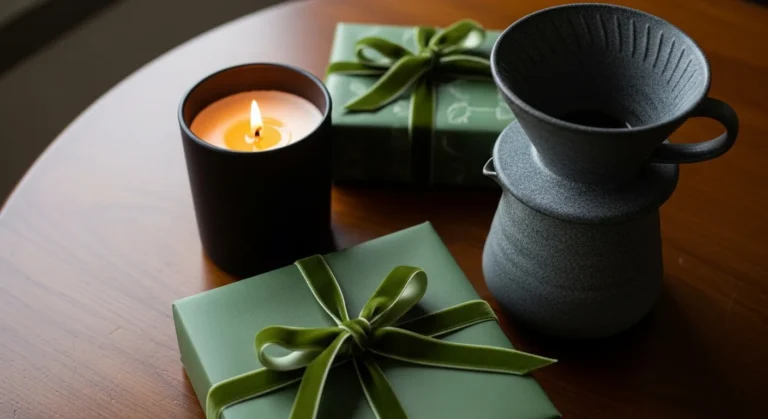 A cozy setting featuring a lit candle, two green gift boxes tied with ribbons, and a stylish black coffee dripper on a wooden table.