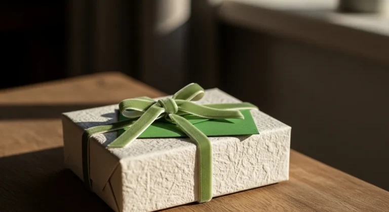 21 Clever Birthday Gift Card Ideas For Boyfriend That Feel Personal A textured white gift box tied with a soft green ribbon sits on a wooden surface, illuminated by natural light, evoking a warm, thoughtful vibe.