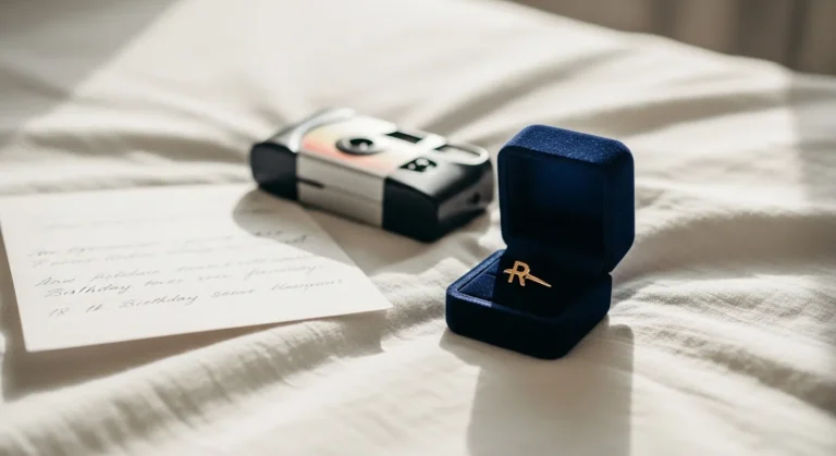21 Fresh 18th Birthday Gift Ideas For Women To Mark A New Chapter A velvet ring box with a gold initial ring sits on a white bedspread beside a handwritten note and a vintage camera, capturing a celebratory moment.