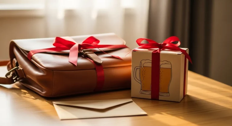 21 Stylish 21st Birthday Gift Ideas For Boyfriend He Will Remember A stylish brown leather bag with a red ribbon sits next to a gift box featuring a beer design, all arranged on a wooden table with soft natural light.