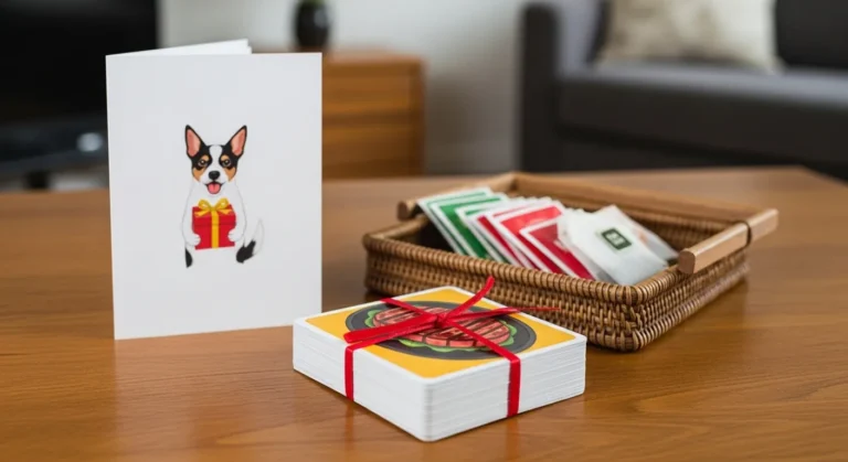 22 Affordable Birthday Gifts For Best Friend That Still Feel Special A greeting card featuring a dog illustration sits next to a neatly wrapped gift and a woven basket filled with colorful cards on a wooden table.