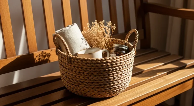 22 Brilliant Gift Basket Ideas For Women That Create An Elevated Surprise A woven basket filled with a candle, a mug, dried flowers, and a soft cloth, resting on a wooden bench, illuminated by warm sunlight.