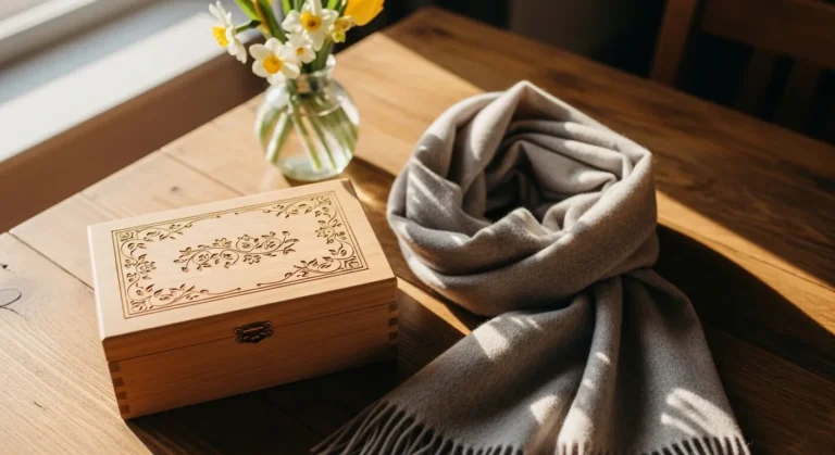 22 Classic 80th Birthday Gift Ideas For Women To Celebrate A Lifetime A cozy gray scarf drapes elegantly beside a decorative wooden box on a sunlit wooden table, with a small vase of yellow flowers in the background.